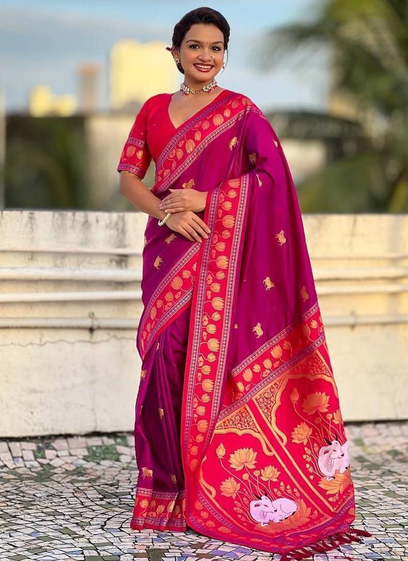 Wine Color Dual Zari Weaving Silk Saree