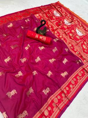 wine dual zari woven soft art silk saree 3