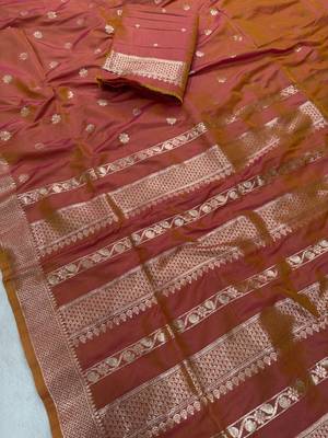rust orange banarasi soft silk zari woven saree 1