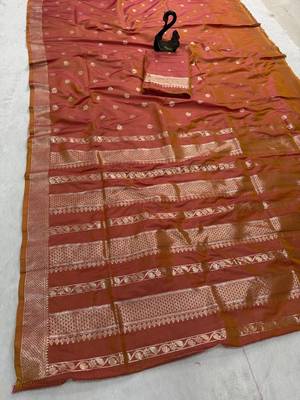 rust orange banarasi soft silk zari woven saree 2