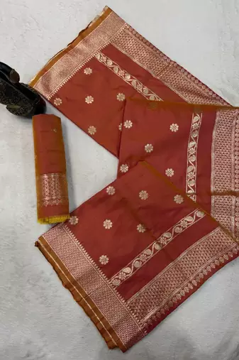 rust orange banarasi soft silk zari woven saree