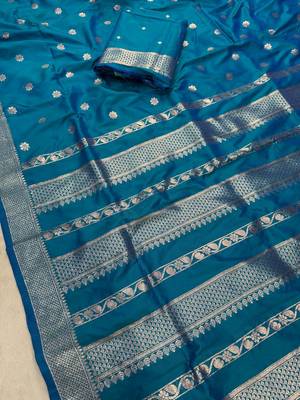 teal banarasi soft silk zari woven saree 1