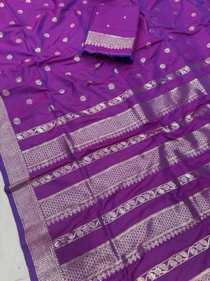 violet banarasi soft silk zari woven saree 1
