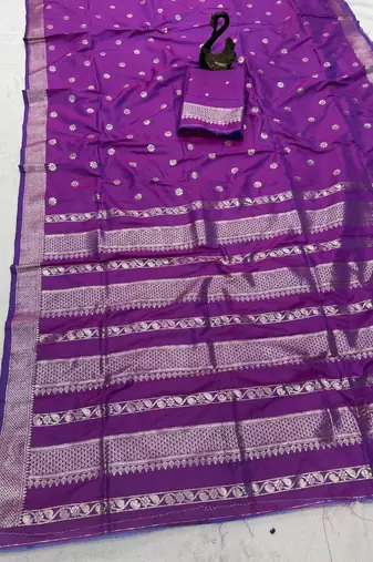 violet banarasi soft silk zari woven saree