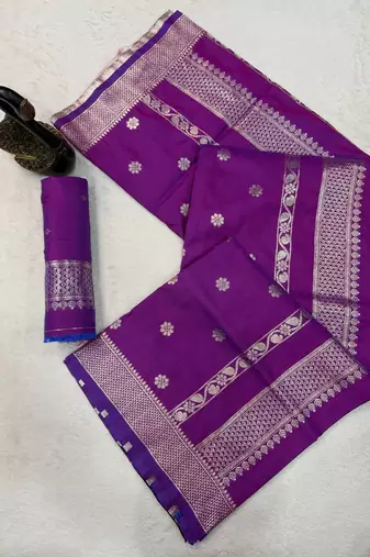 violet banarasi soft silk zari woven saree