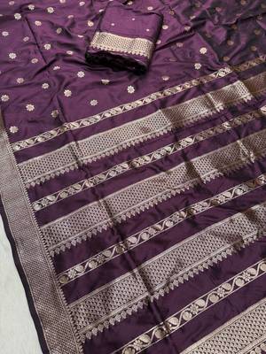 wine banarasi soft silk zari woven saree 1
