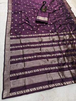 wine banarasi soft silk zari woven saree 2