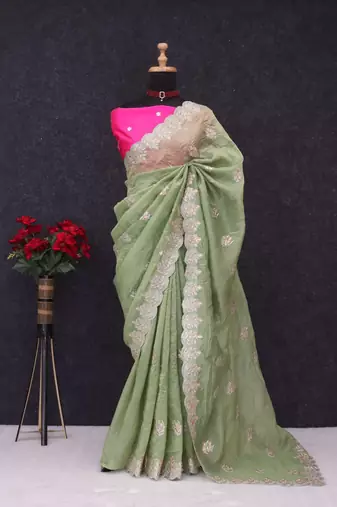 Light Green Color embroidery and multi Thread work Silk Saree