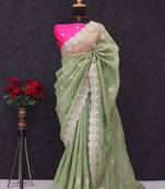 Light Green Color embroidery and multi Thread work Silk Saree