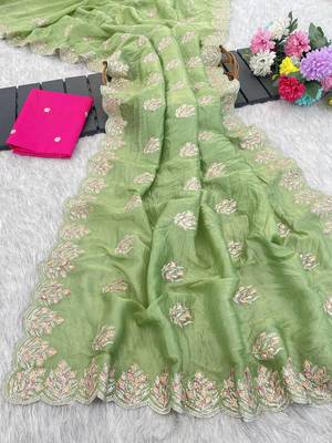 light green gold crush silk multi thread embroidery saree 2