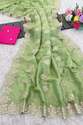 light green gold crush silk multi thread embroidery saree