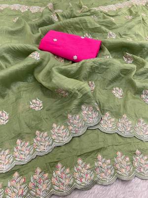 light green gold crush silk multi thread embroidery saree 3