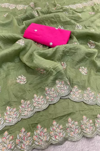 light green gold crush silk multi thread embroidery saree