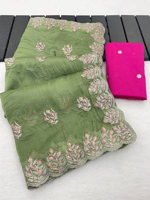 light green gold crush silk multi thread embroidery saree 4