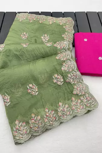 light green gold crush silk multi thread embroidery saree