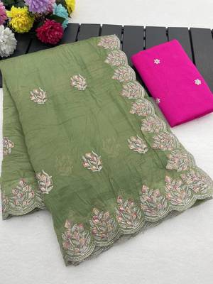 light green gold crush silk multi thread embroidery saree 5