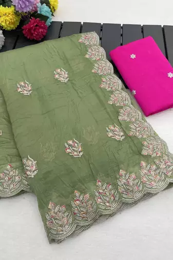 light green gold crush silk multi thread embroidery saree