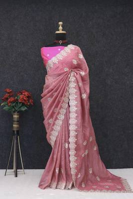 light pink gold crush silk multi thread embroidery saree 1