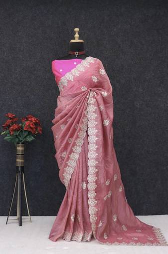 Light Pink Color embroidery and multi Thread work Silk Saree