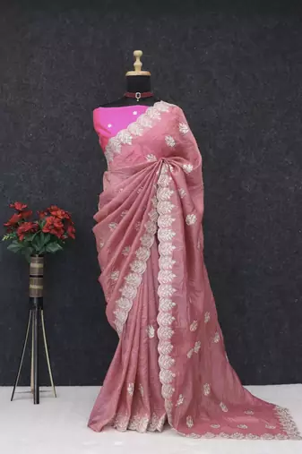 Light Pink Color embroidery and multi Thread work Silk Saree