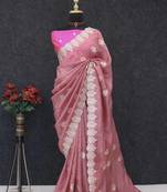 Light Pink Color embroidery and multi Thread work Silk Saree