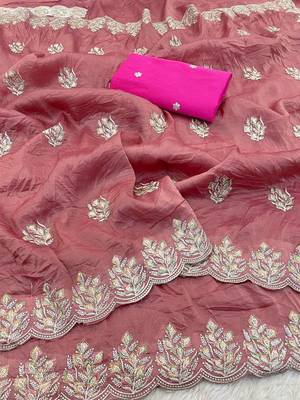 light pink gold crush silk multi thread embroidery saree 2