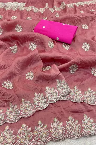 light pink gold crush silk multi thread embroidery saree