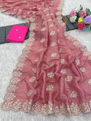 light pink gold crush silk multi thread embroidery saree 3