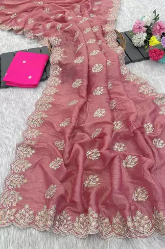 light pink gold crush silk multi thread embroidery saree