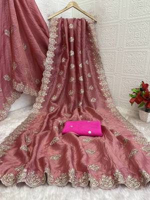 light pink gold crush silk multi thread embroidery saree 4