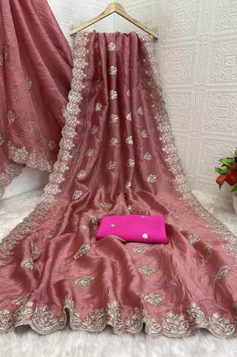 light pink gold crush silk multi thread embroidery saree