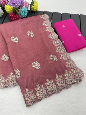 light pink gold crush silk multi thread embroidery saree 5