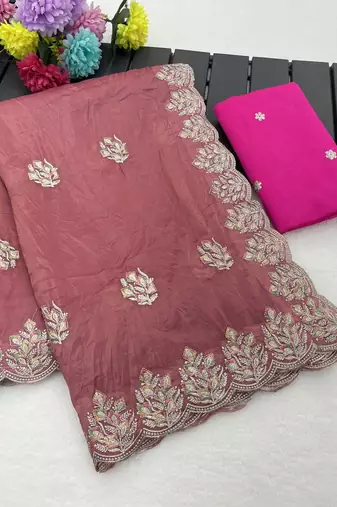 light pink gold crush silk multi thread embroidery saree