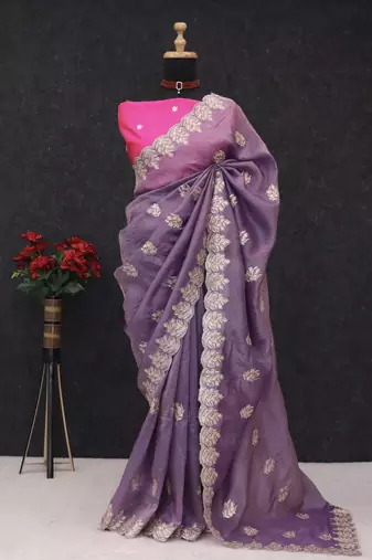 Purple Color embroidery and multi Thread work Silk Saree