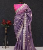 Purple Color embroidery and multi Thread work Silk Saree