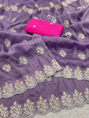 purple gold crush silk multi thread embroidery saree 2