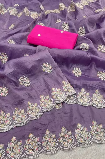 purple gold crush silk multi thread embroidery saree