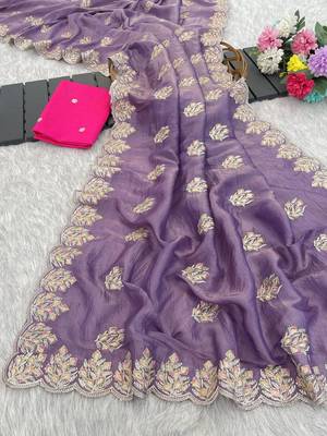 purple gold crush silk multi thread embroidery saree 3