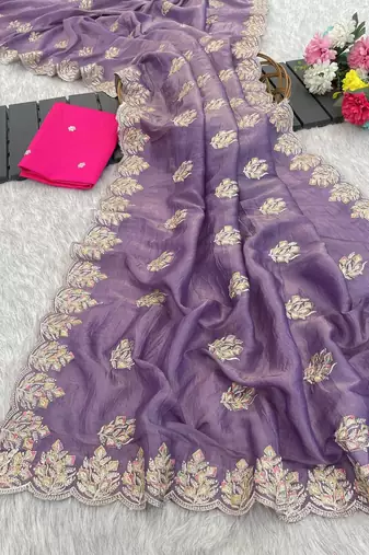 purple gold crush silk multi thread embroidery saree