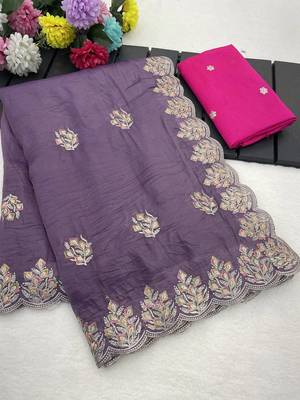 purple gold crush silk multi thread embroidery saree 4