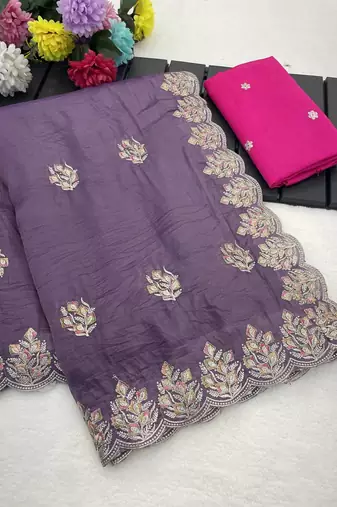 purple gold crush silk multi thread embroidery saree