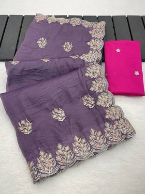 purple gold crush silk multi thread embroidery saree 5