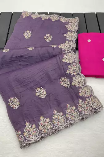 purple gold crush silk multi thread embroidery saree