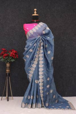 teal gold crush silk multi thread embroidery saree 1