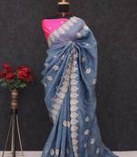 Teal Color embroidery and multi Thread work Silk Saree