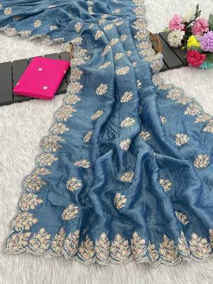 teal gold crush silk multi thread embroidery saree 2