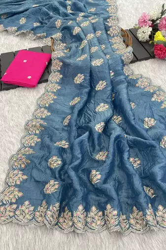 teal gold crush silk multi thread embroidery saree