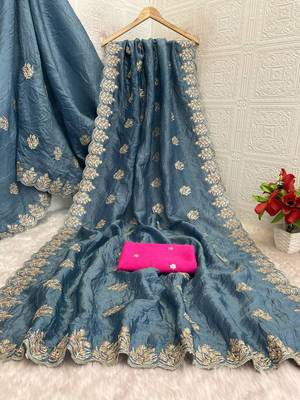 teal gold crush silk multi thread embroidery saree 3