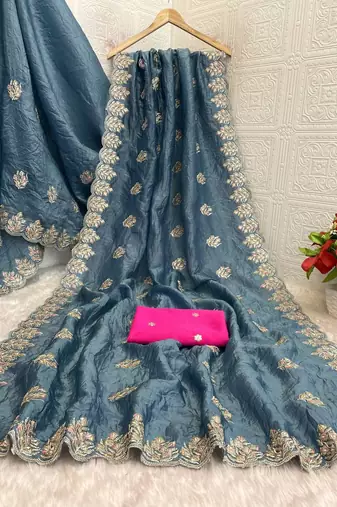 teal gold crush silk multi thread embroidery saree