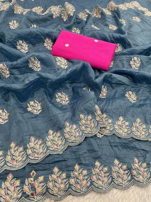 teal gold crush silk multi thread embroidery saree 4